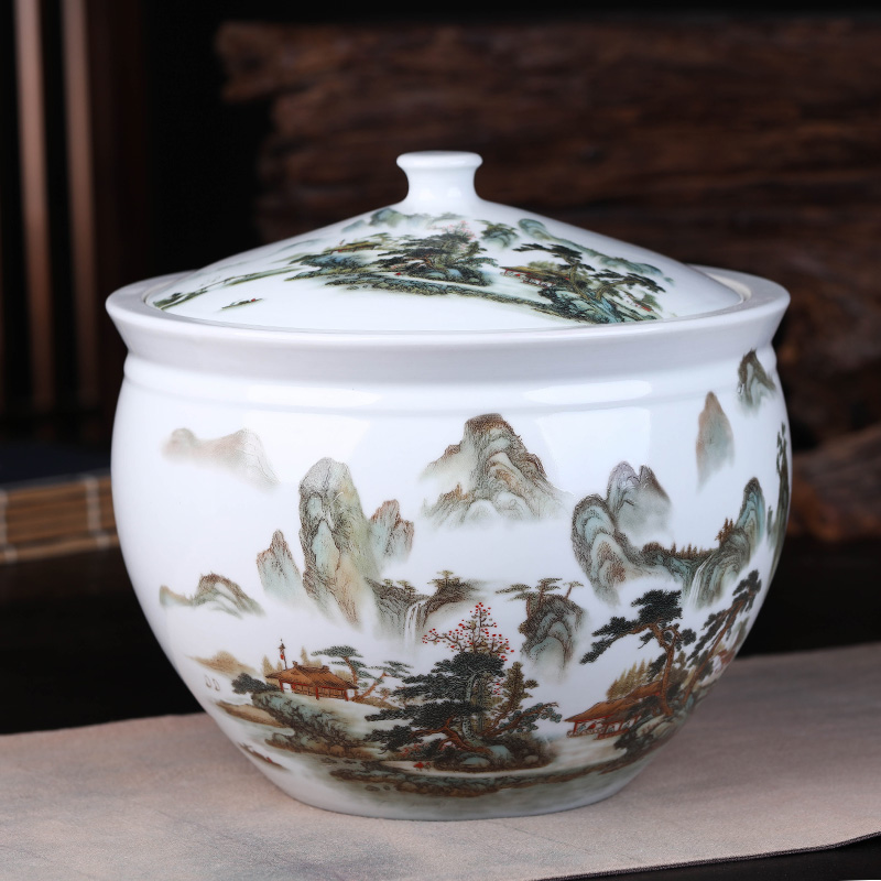 Blue and white landscape of jingdezhen ceramics pu 'er tea pot seal pot of tea gift box packaging household receives gifts