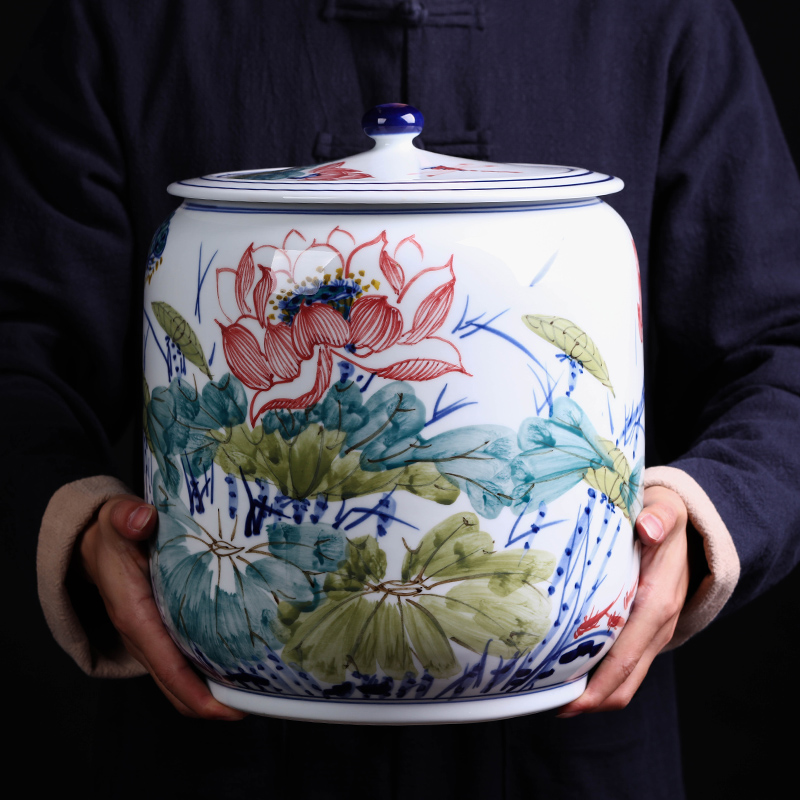 Jingdezhen ceramic packing gift box pu 'er tea pot large household tea cake tin general sealed as cans of storage tank
