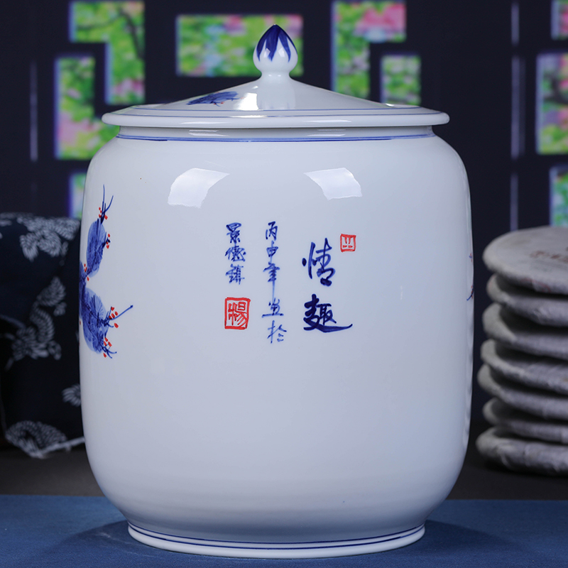 Jingdezhen ceramic hand - made porcelain tea pot large POTS of tea cake storage tank ten loaves puer tea cylinder