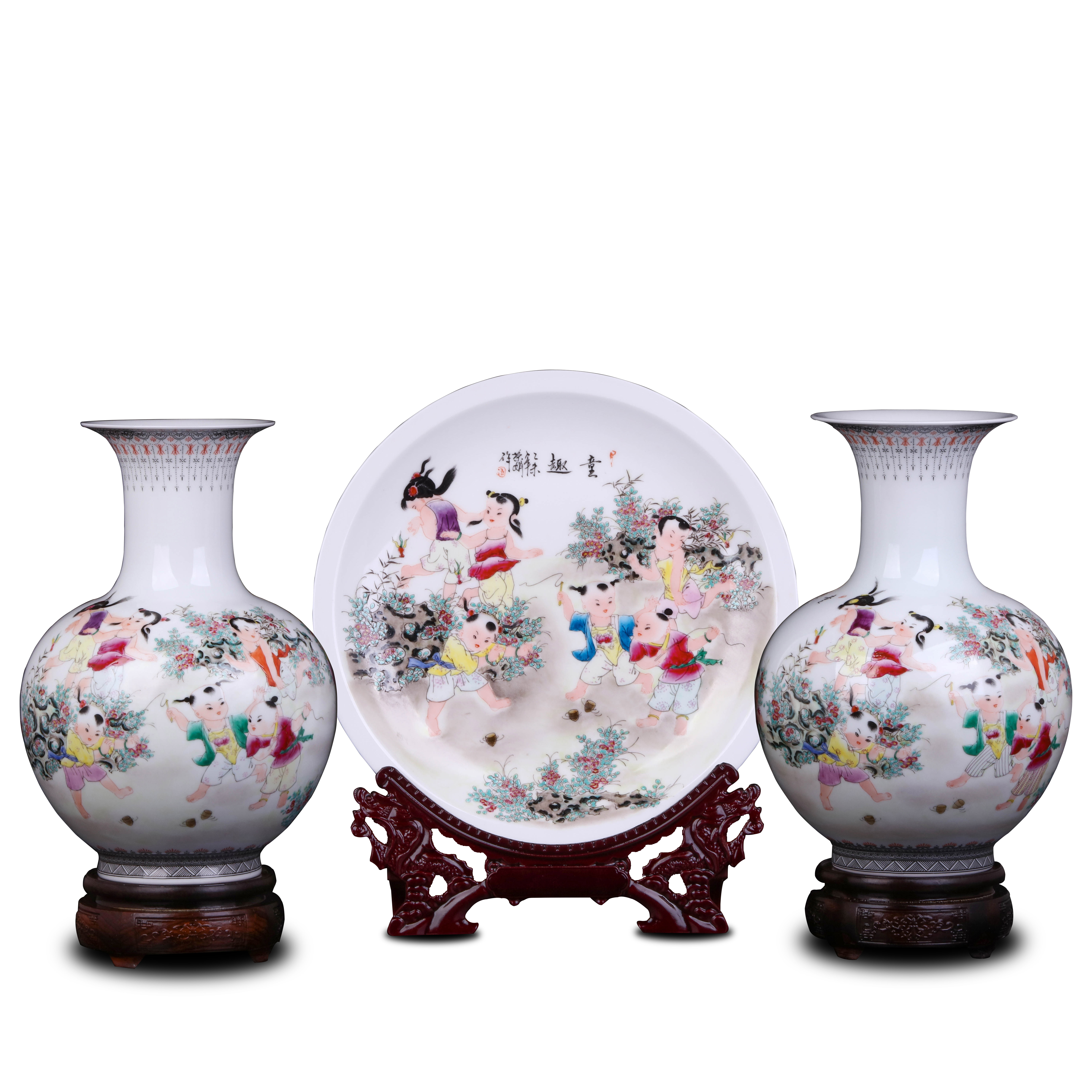 Jingdezhen ceramic manual hand - made vases furnishing articles three - piece household vases, flower arrangement of new Chinese style porch sitting room