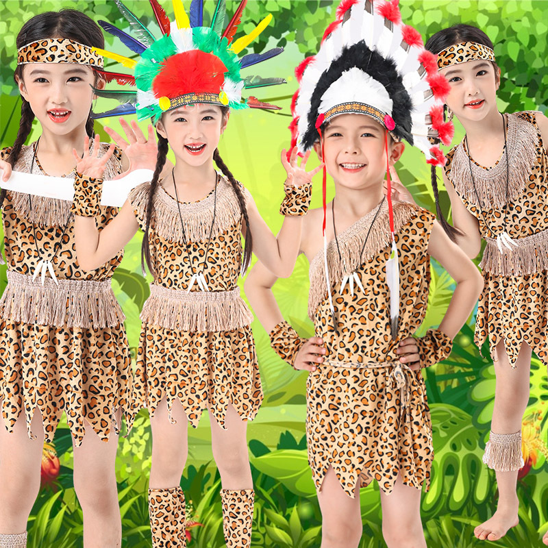 African Drum Children's Performance Costumes Indian Indigenous People Kindergarten Primitive People Hunter Savage Halloween Costumes