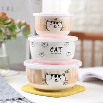 ) Sealed pottery Bento bowl three-piece lunch box rice soup noodle bowl fresh-keeping microwave oven lunch box tableware box