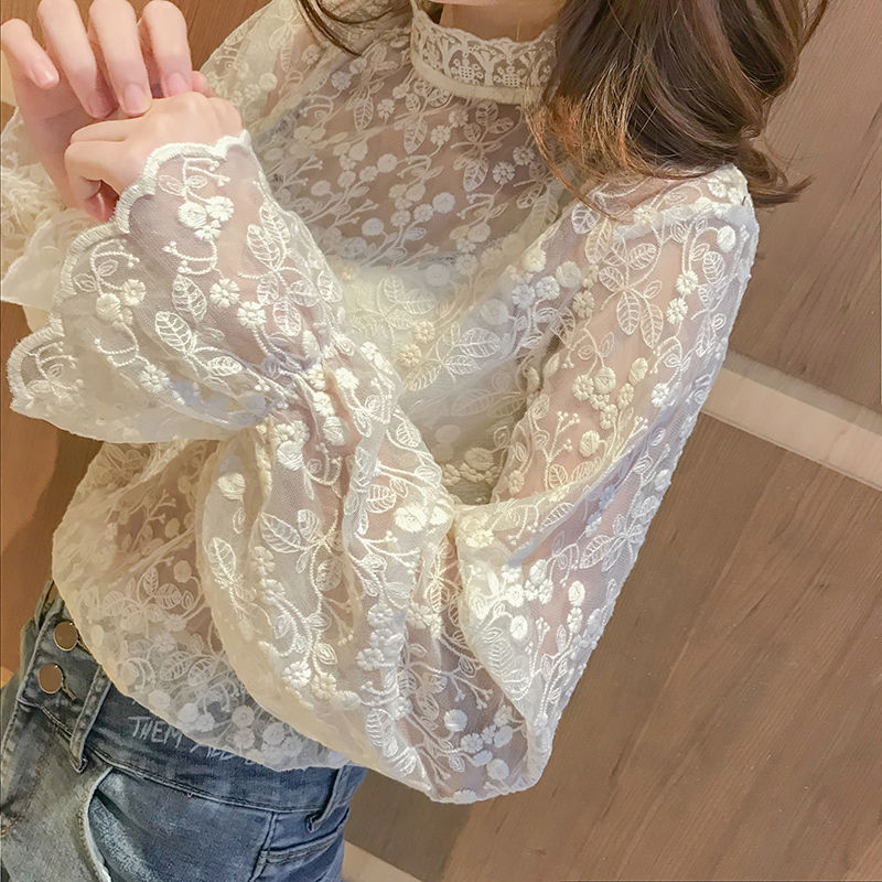 Autumn and Winter Lace Inner Shirt for Women, Sheer and Elegant, Thin Half-High Collar, Long-Sleeved Inner Layering Top