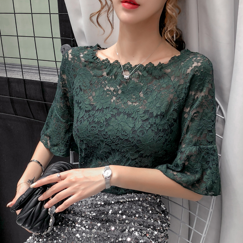 2023 Summer New Style Ladylike Sexy Lace Shirt Women's Cut Out Bell Sleeve Top Round Neck Short Sleeve T-Shirt 2023 Summer New Style Ladylike Sexy Lace Shirt Women's Cut Out Bell Sleeve Top Round Neck Short Sleeve T-Shirt