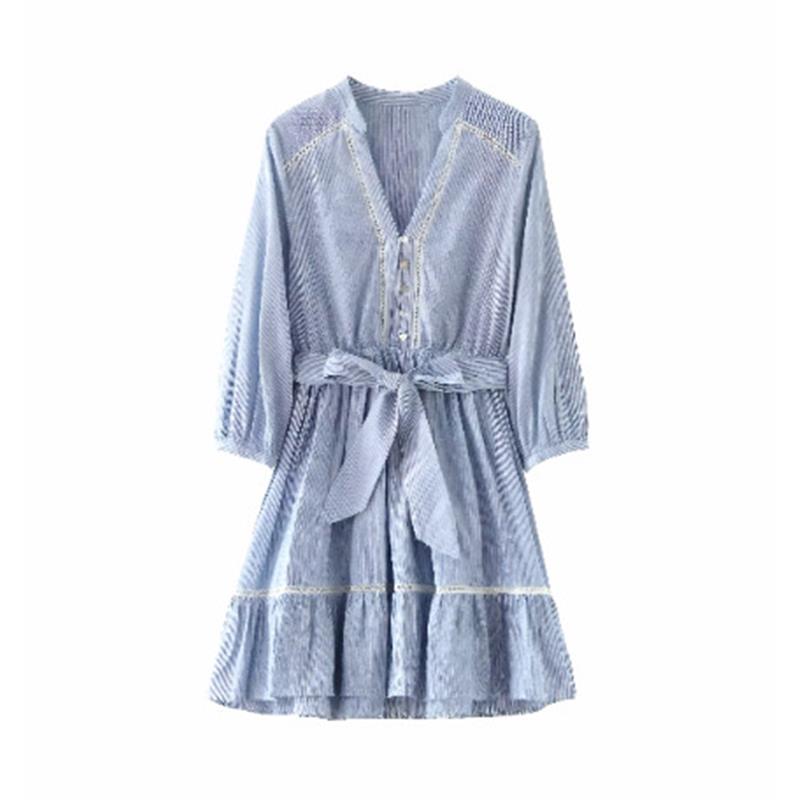 2025 Foreign Trade European and American Women's Clothing New Long-Sleeved Striped Lace Mini Dress 24166