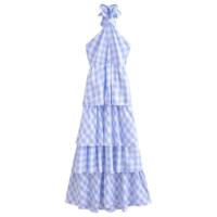 2025 foreign trade European and American fashion new blue plaid hanging neck loose dress 23084