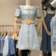 Dongdaemun, Hàn Quốc 2020 mới cổ áo bong bóng vuông tay áo denim thắt lưng váy giảm béo tính khí váy ngắn với thắt lưng - Sản phẩm HOT