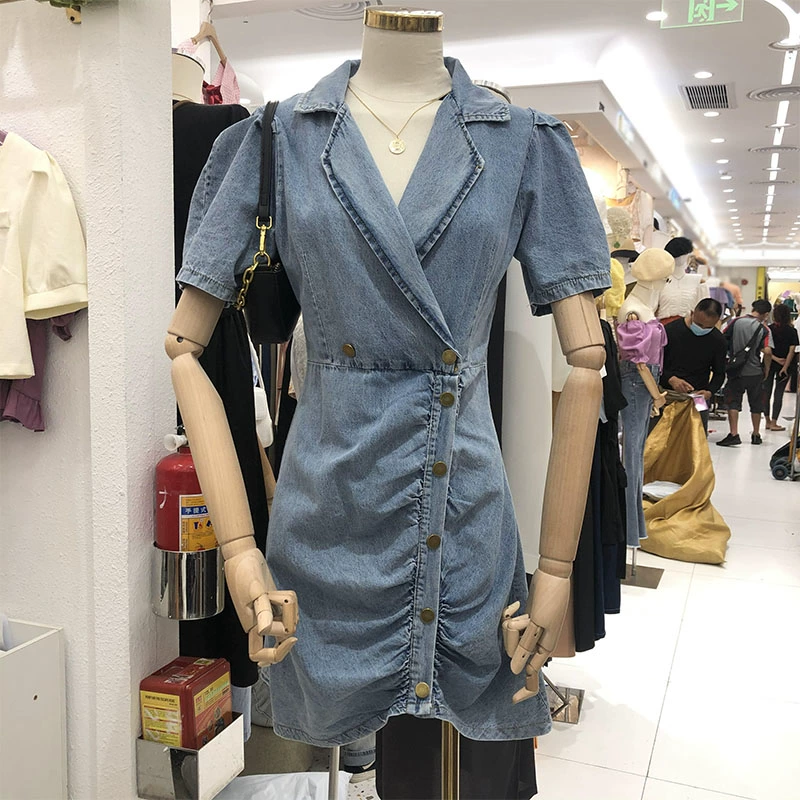Hàn Quốc Dongdaemun đơn ngực phù hợp với cổ áo ngắn tay denim mùa hè mới hoang dã váy mid-length nữ - Sản phẩm HOT