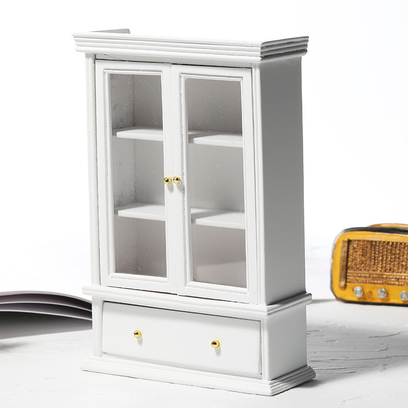 Dollhouse Doll House Miniature White Double-Door Glass Cabinet Display Cabinet Model