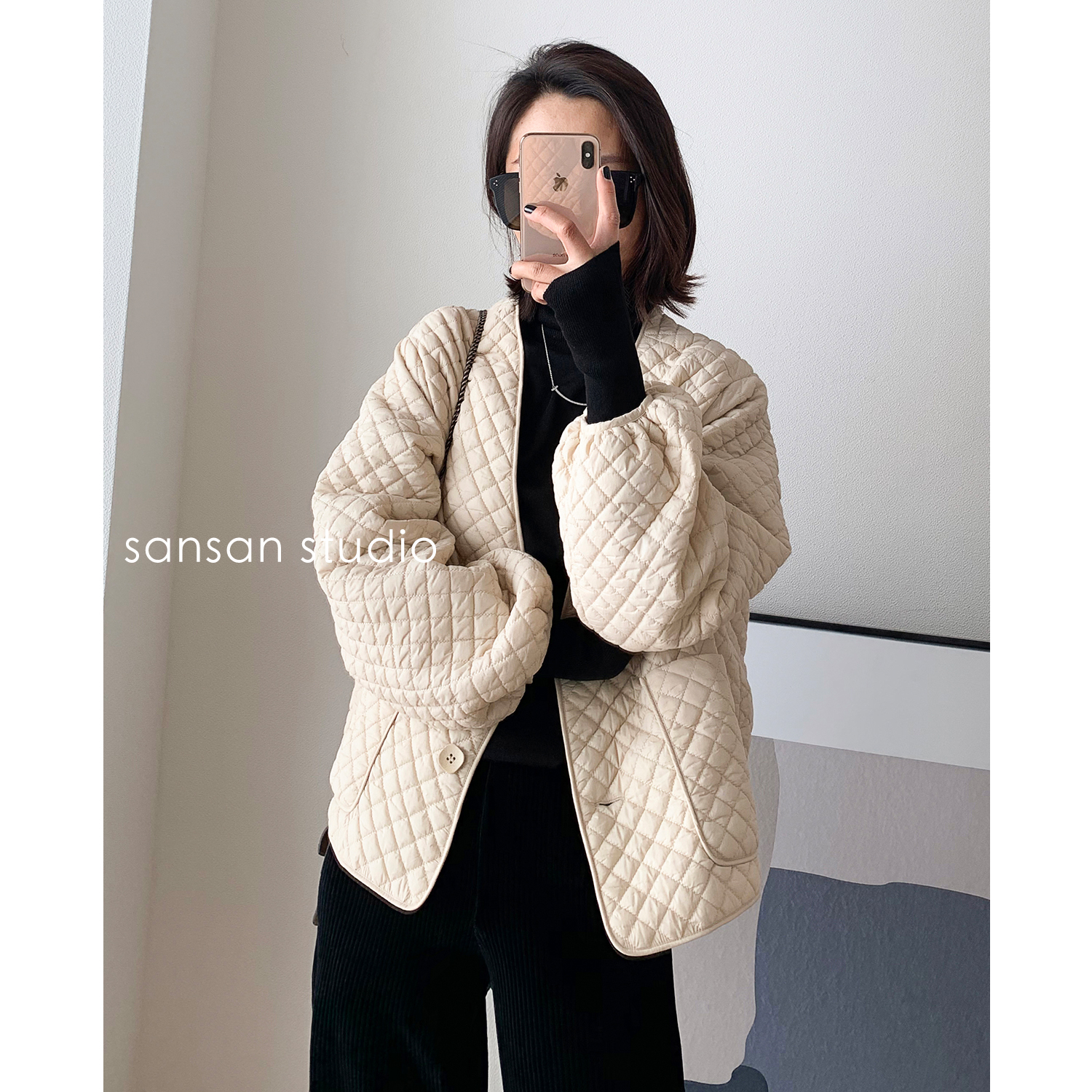 SANSANSANSTUDIO 2021 autumn winter style retro classic rhombog temperament light cotton clothing cotton coat female short coat
