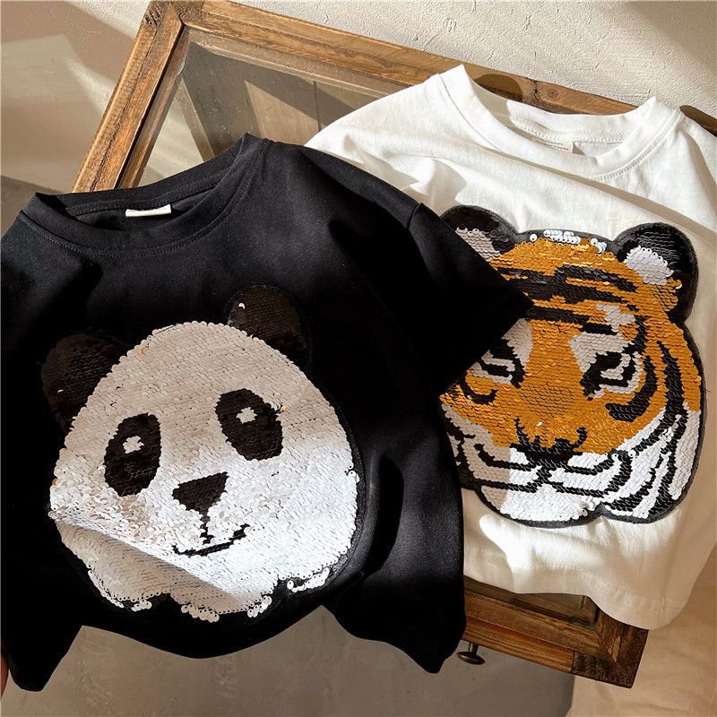 Panda Turns into Tiger, Color-Changing Sequins and Pattern-Changing Boys' Short-Sleeve T-Shirt, 2026 Summer Children's Clothing Top