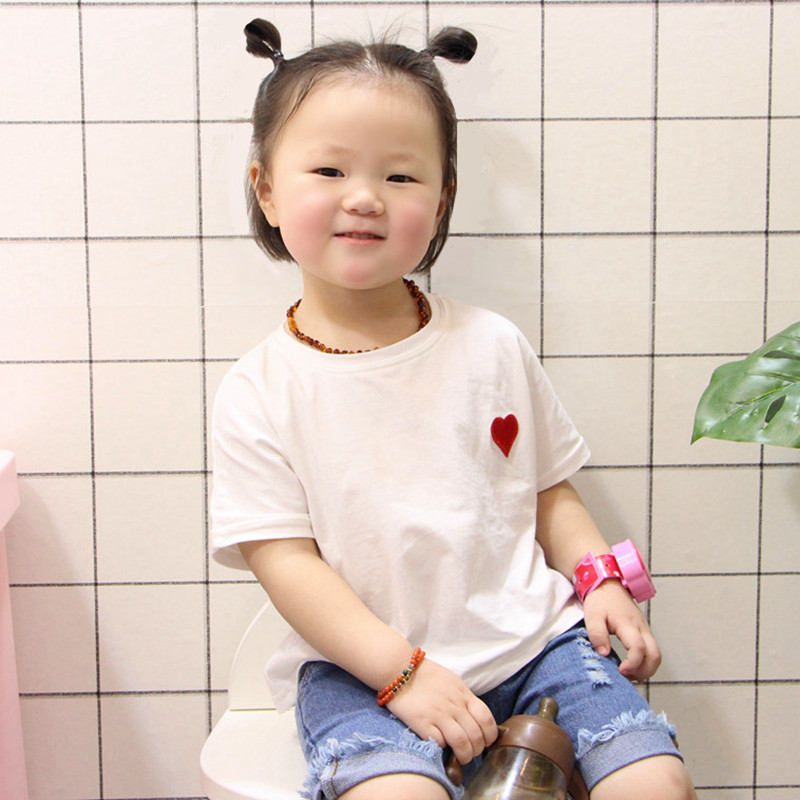 Children's T-shirt Love Pure Short Sleeve Clothes Embroidery New White Boy Girls Cotton Cotton Coat