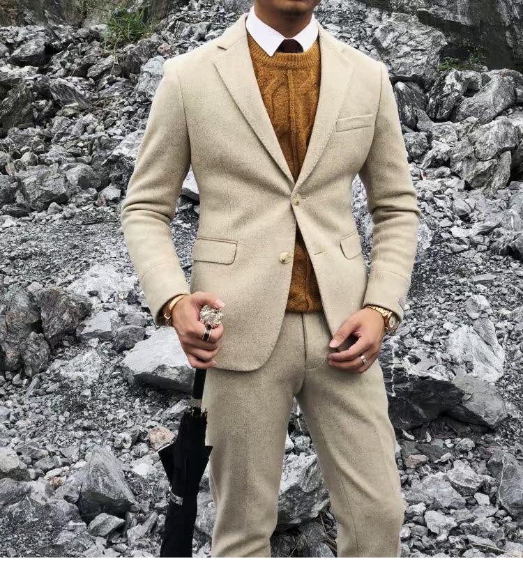 2018 thu đông nam Hàn Quốc dày phù hợp với bộ đồ mỏng phù hợp với len Anh retro nhỏ phù hợp với hai bộ thủy triều quần nam