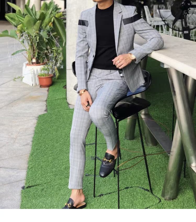 2018 mùa thu lớn kẻ sọc phù hợp với phù hợp với thời trang khâu thiết kế houndstooth slim phù hợp quần dài nam