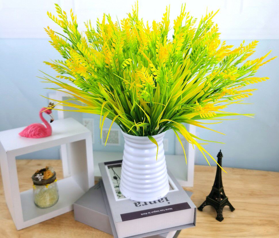 Hot selling simulation plant 7 fork rice barley wheat ear fake flower decoration plastic flower green rice to put silk flowers