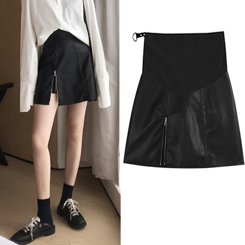 Pregnant women zipper leather skirt 2022 small black skirt outside wear belly leather skirt maternity dress Western style bottoming skirt tide