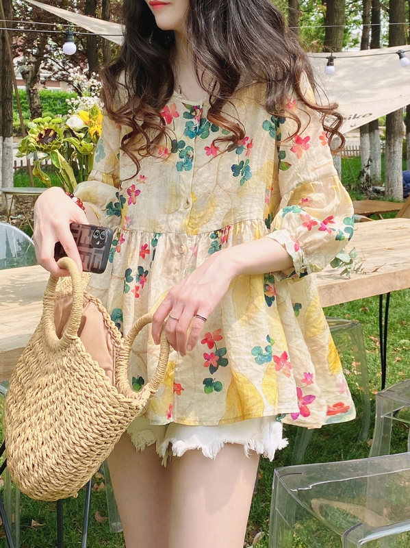 Sweet and Fairy-Like Babydoll Blouse for Women, Loose-Fitting Korean Style, Stylish Floral High-End Ramie Puffy Blouse with Mid-Length Sleeves