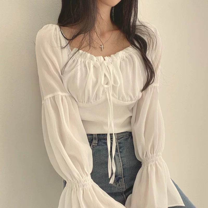 П Spring fitted brace, шифон мегагон, короткая рубашка, корейский стиль, французский стиль, квадратный вырез