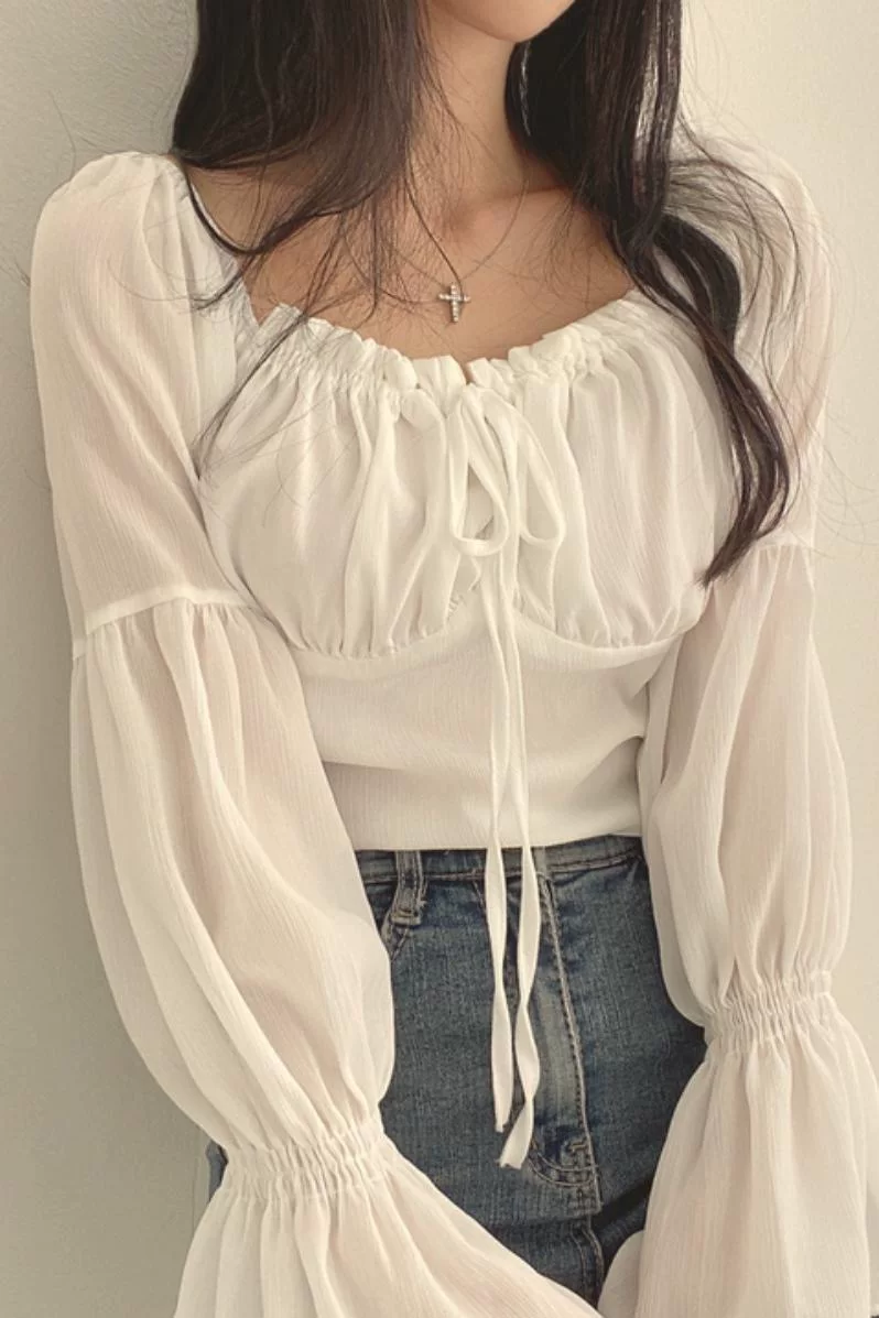 П Spring fitted brace, шифон мегагон, короткая рубашка, корейский стиль, французский стиль, квадратный вырез