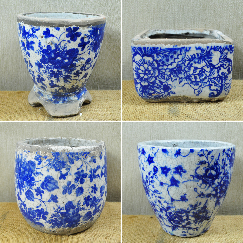 Coarse Pottery Flower Vessel, Ceramic Flower Pot, Blue Retro Style Orchid, Blue and White Porcelain, Succulent Plant, Chinese Simple Decorative Ornament