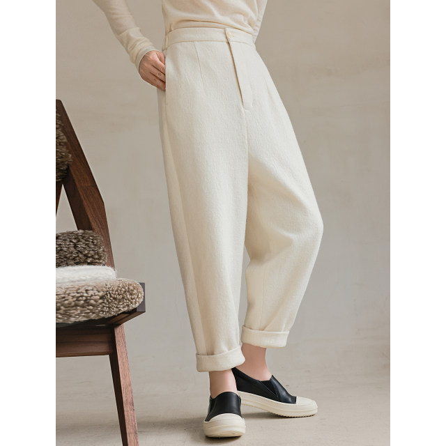 Ma Lin's original design 100% wool soft and waxy slimming double-layered crotch semi-elastic and versatile small-leg carrot pants