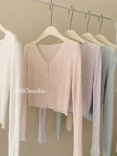 V-Neck Gentle Ice Silk Knitted Sun Protection Cardigan for Women, Thin Burgundy Pearl Button Short Chic Outerwear