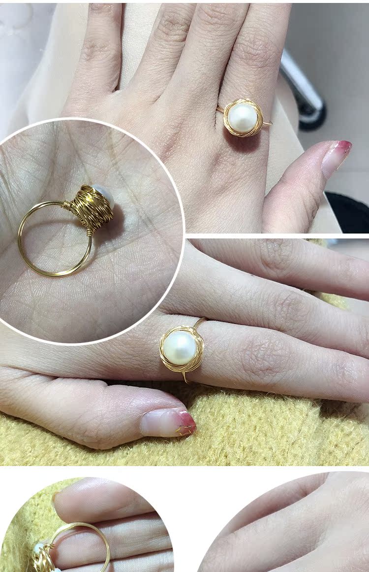 Nhẫn ngọc trai nước ngọt 14k vàng ngọc trai không phai thời trang mới handmade DIY cá tính uốn lượn nữ nhẫn kim cương tự nhiên