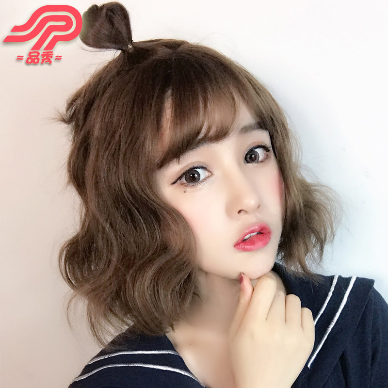 Pin show wig female short hair fluffy face clavicle natural Korean air bangs short curly hair bobo head grandma ash