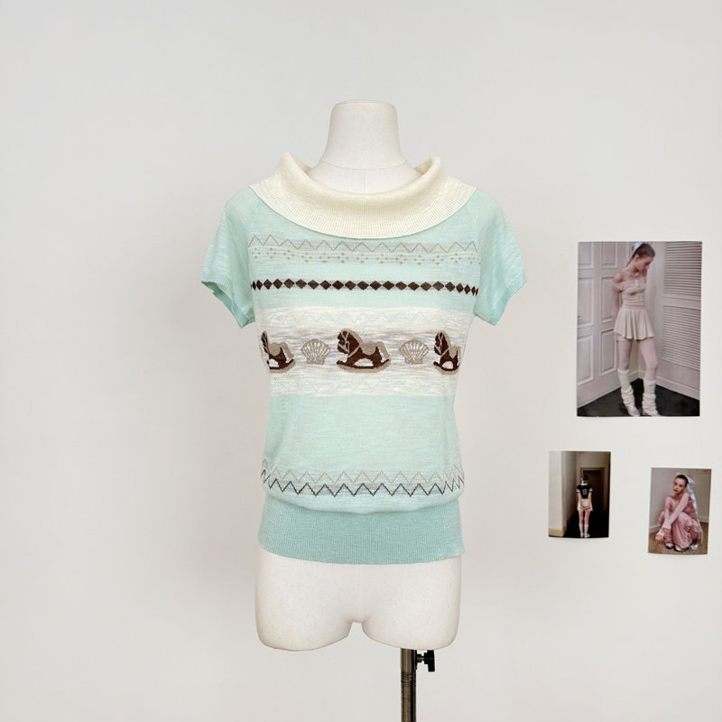 M.Y Original Design Summer Mint Amusement Park Green Grass Brown Pony Lyocell Tencel Sweater Top