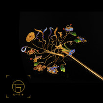 Wanbao de ancient method sterling silver gilded inlay hair hairpin ancient style Hanfu accessories Super fairy hair accessories headdress