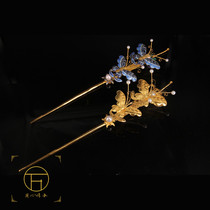 Sterling silver silk inlay ancient method handmade Yanjing eight absolutely burned blue enamel point Cuddy butterfly ear digging hairpin Han clothing accessories