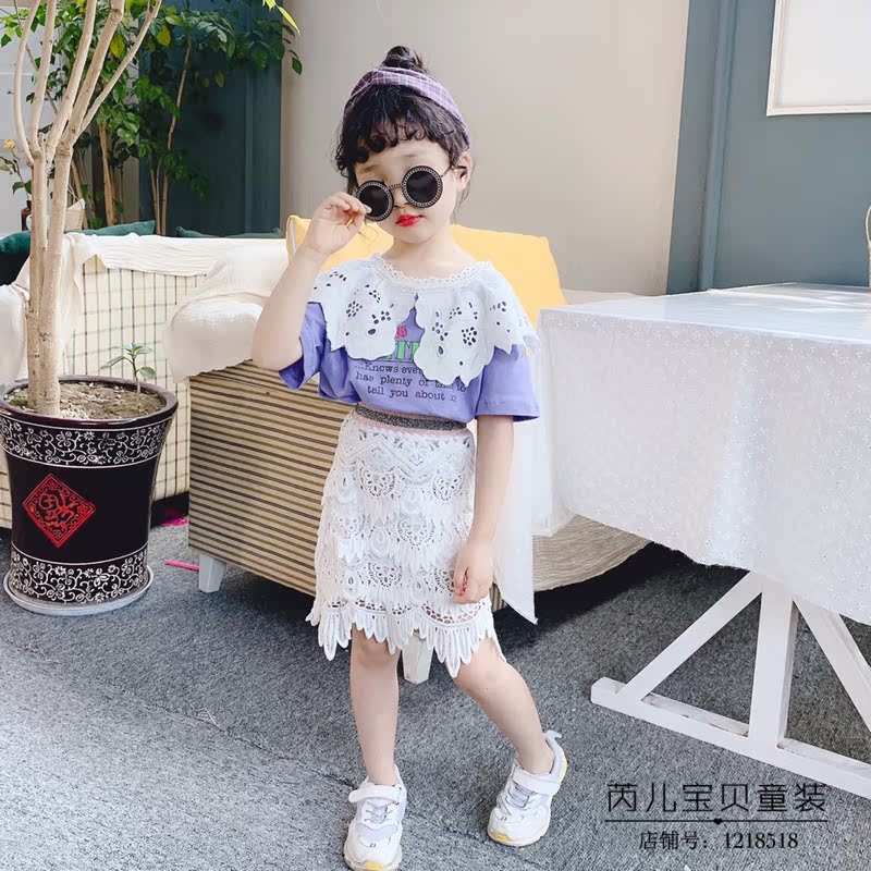 Quần áo bé gái hàn quốc 2019 hè mới ren ngọt ngào ngắn tay áo thun váy ren hai dây phù hợp - Phù hợp với trẻ em đồ trẻ em