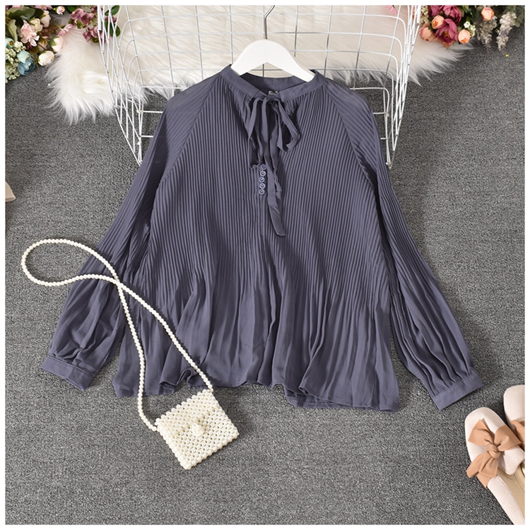 lantern sleeve lace-up loose solid color chiffon top (multicolor) NSYXG124268