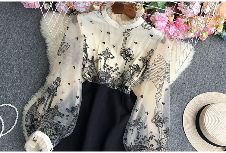 Long Sleeve Embroidery stand collar stitching  Mesh Dress NSYXG131781