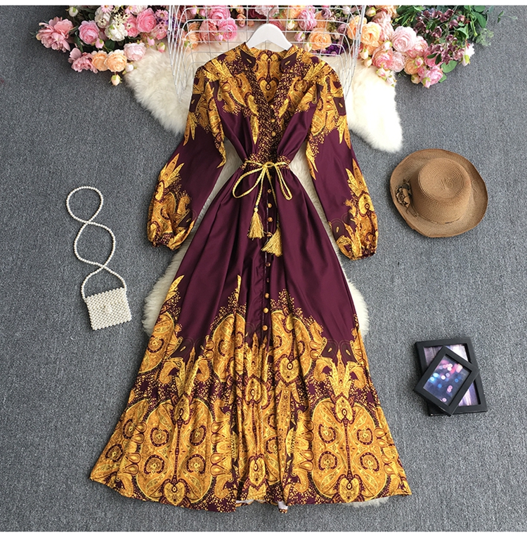 single-breasted print palace style V-neck slim large swing lace-up dress NSYXG124765