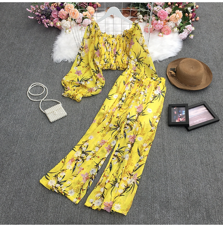 square neck floral crop chiffon top high waist wide leg trousers two-piece suit NSYXG124367