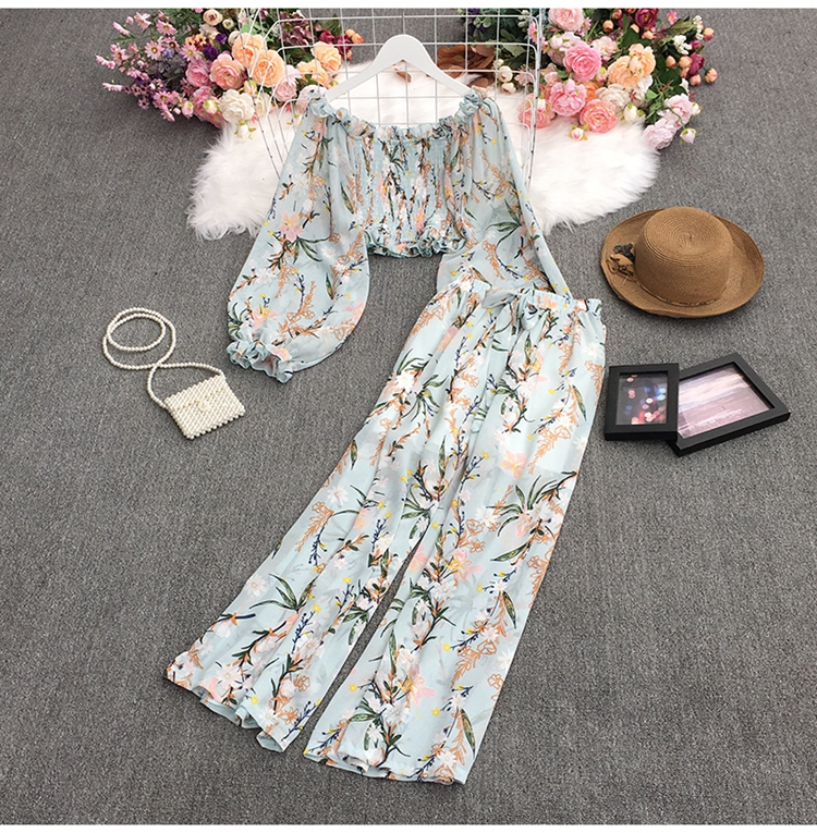 square neck floral crop chiffon top high waist wide leg trousers two-piece suit NSYXG124367