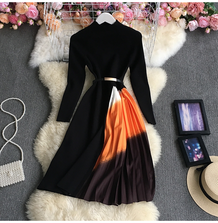 knitted pleated gradient color Stand-up collar slim long sleeve dress NSYXG124760