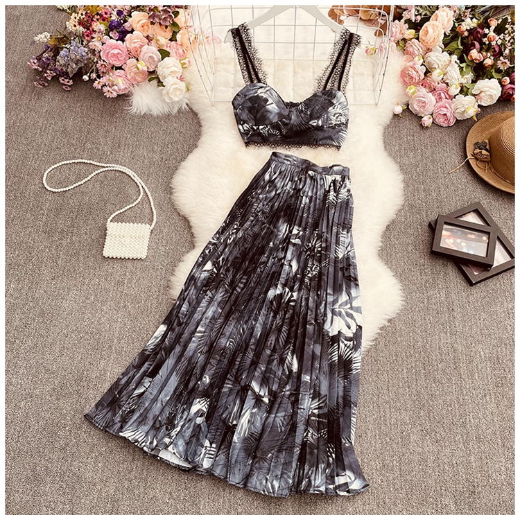 print sling stitching lace vest and high waist pleated skirt set NSYXG124478