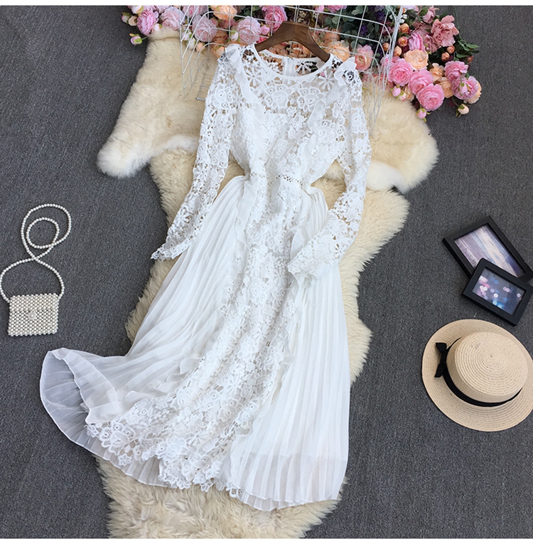 chiffon lace pleated long sleeve large swing ruffle dress (multicolor) NSYXG124857