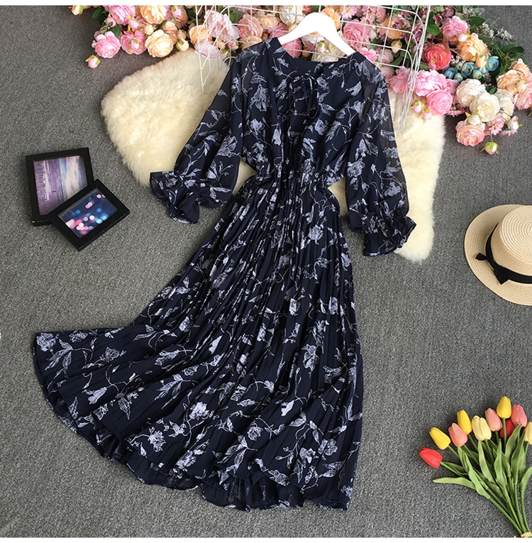 Chiffon pleated print long sleeve large swing lace-up dress NSYXG124275