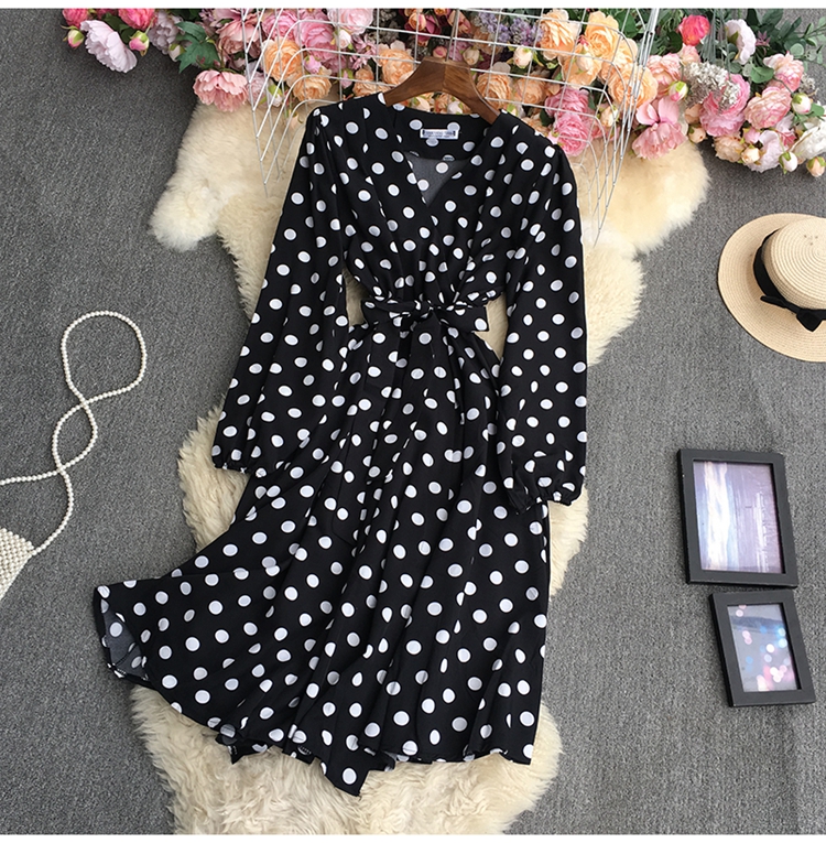 Long Sleeve v neck lace-up large swing Polka Dot Dress-Multicolor NSYXG131786