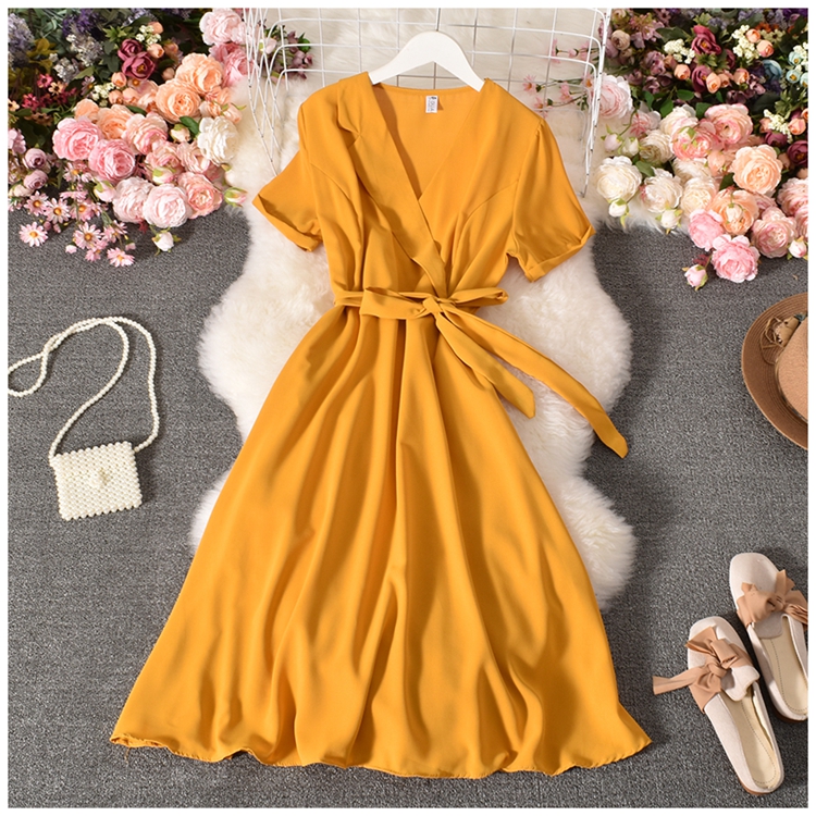 suit collar short sleeve lace-up waist solid color dress-Multicolor NSYXG133616