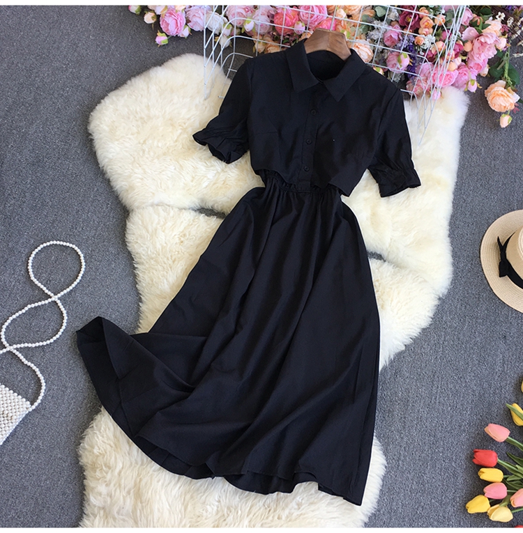 buttons Solid Color Short Sleeve waist Shirt Dress NSYXG124351