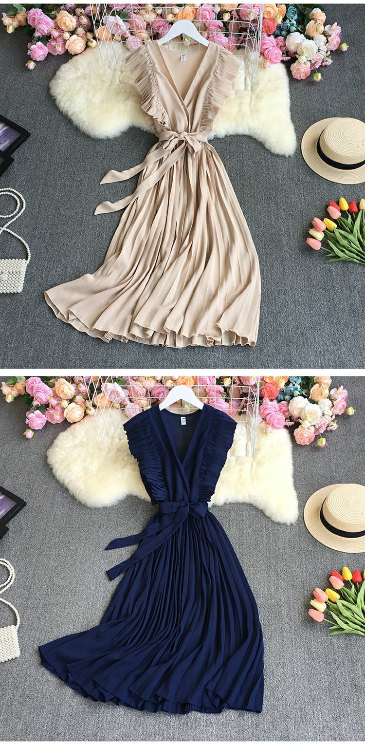 pleated solid color flying-sleeve V-neck lace-up dress (multicolor) NSYXG124272