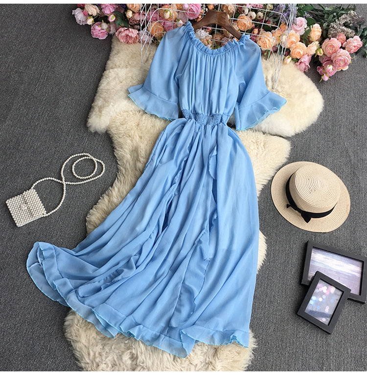 short sleeve waist large swing ruffle solid color dress-Multicolor NSYXG133473