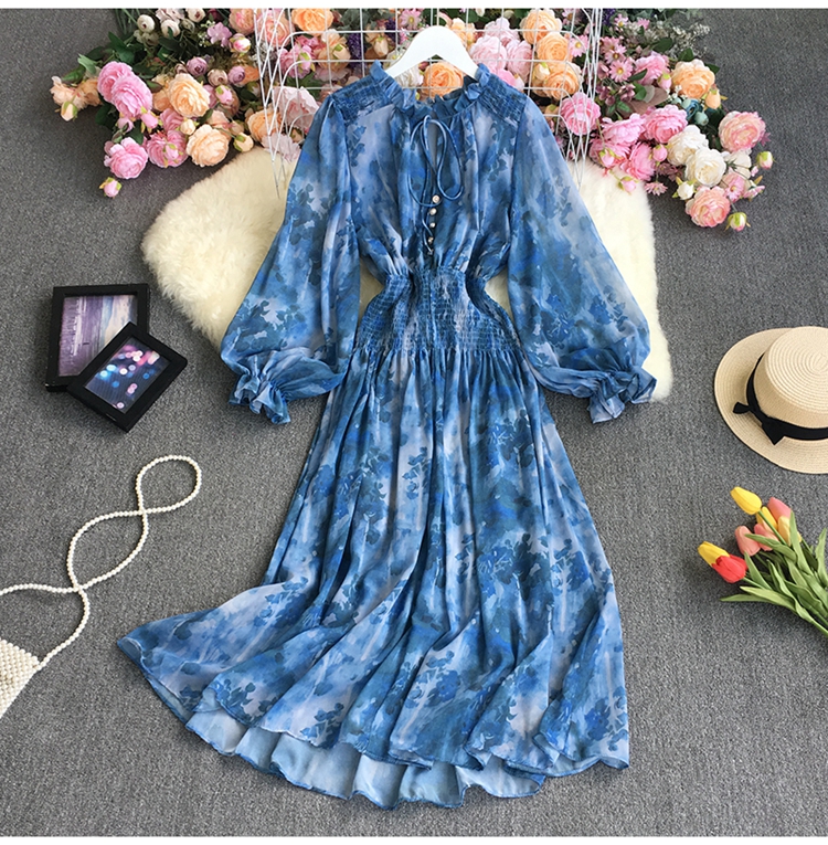 print fungus edge stand-up collar large swing long puff sleeve lace-up dress NSYXG124764