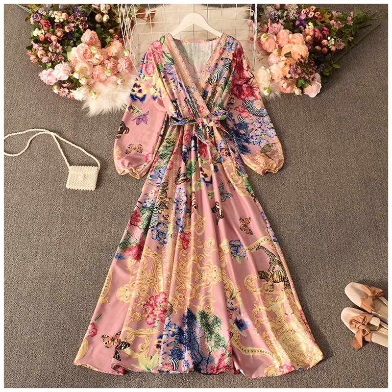 print Palace style puff sleeve v neck lace-up large swing dress NSYXG132186