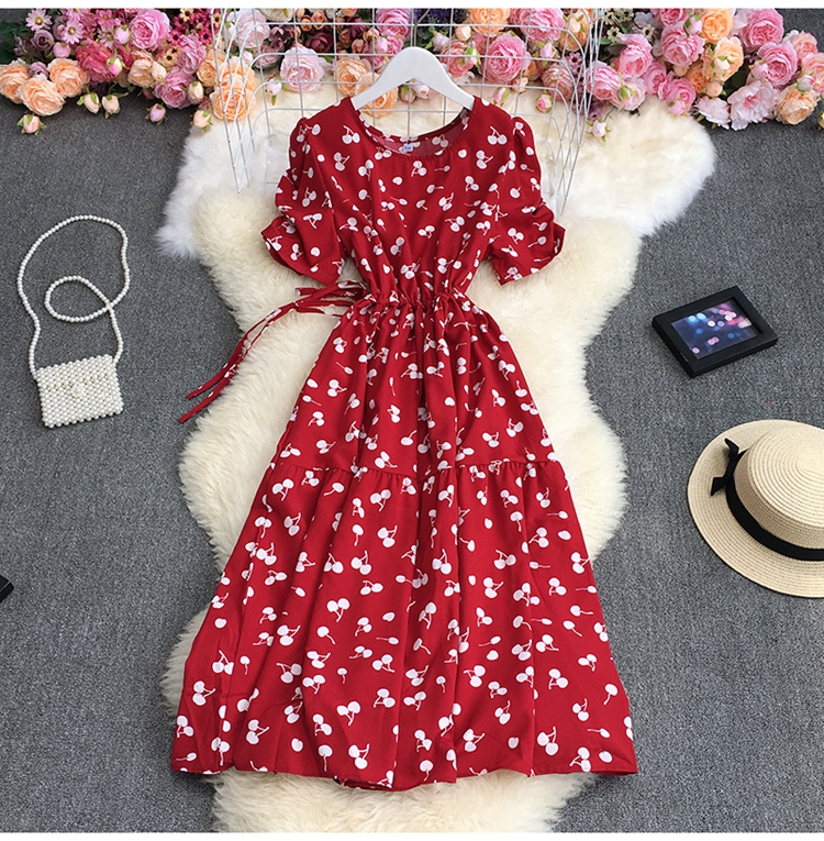 puff sleeves round neck slim lace-up Cherry print/floral dress NSYXG124855