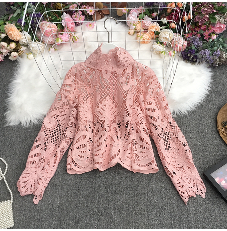 solid color embroidery retro lace lantern sleeve top NSYXG124471